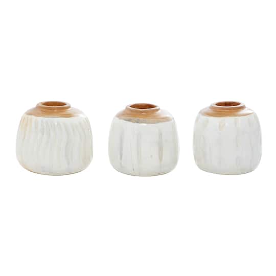 Set of 3 White Teak Wood Coastal Style Vase 6", 7"
